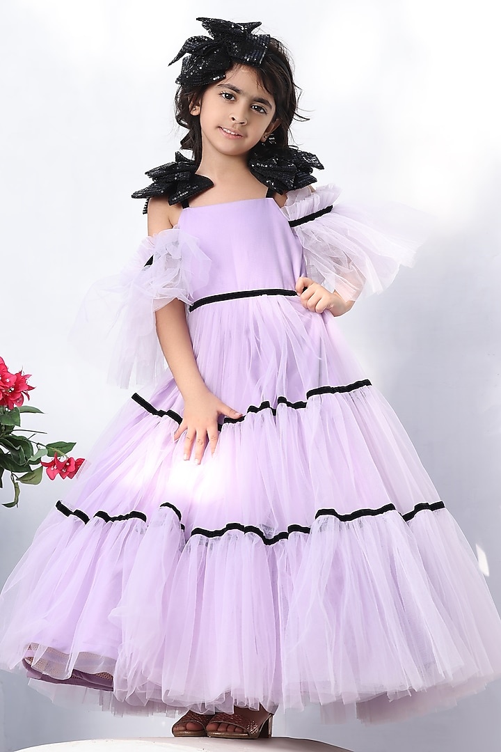 Lilac Sequins Net Layered Gown For Girls by Fayon Kids at Pernia's Pop Up Shop