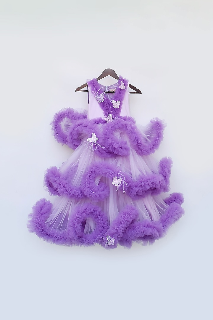 Purple Net Hand Embroidered Ruffled Gown For Girls by Fayon Kids at Pernia's Pop Up Shop