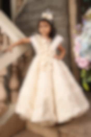 Off-White Net Embellished Gown For Girls by Fayon Kids