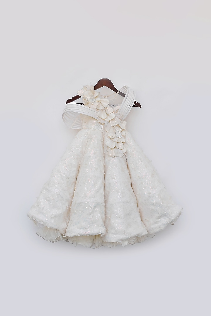 Off-White Net Embellished Gown For Girls by Fayon Kids at Pernia's Pop Up Shop