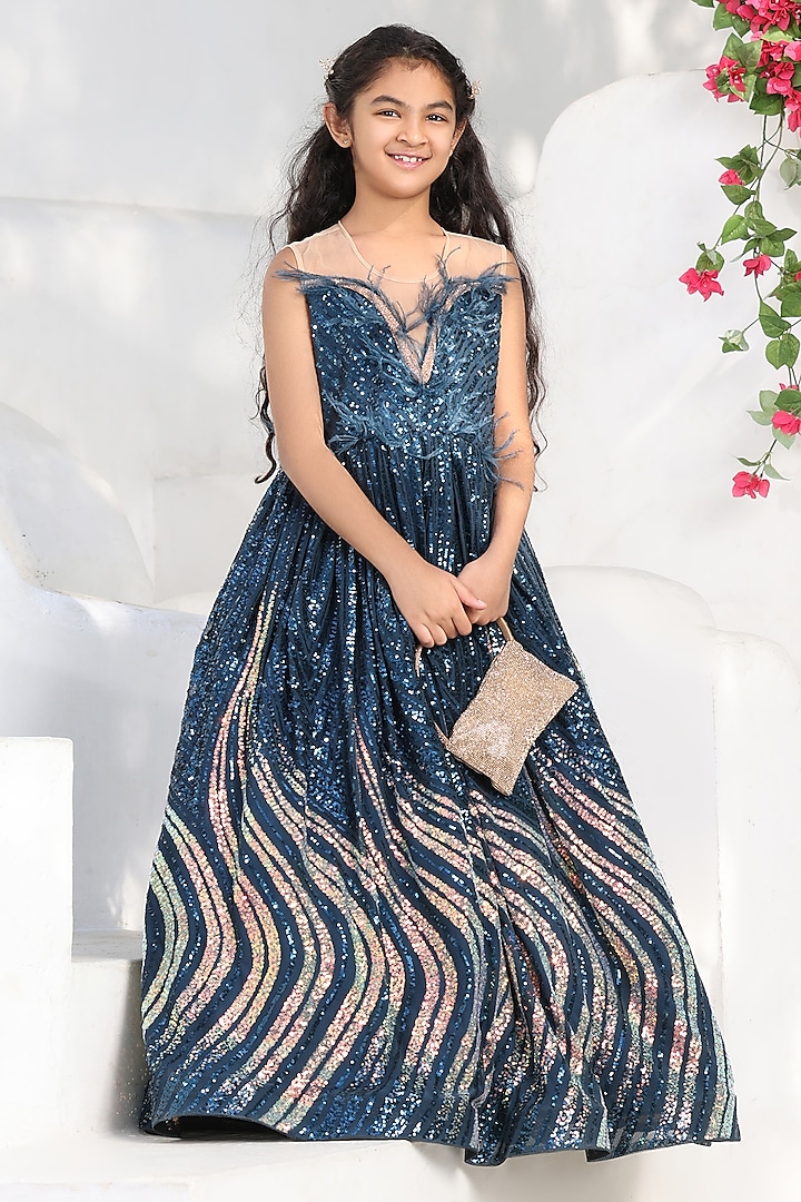 Teal Blue Sequins Gown For Girls by Fayon Kids at Pernia's Pop Up Shop