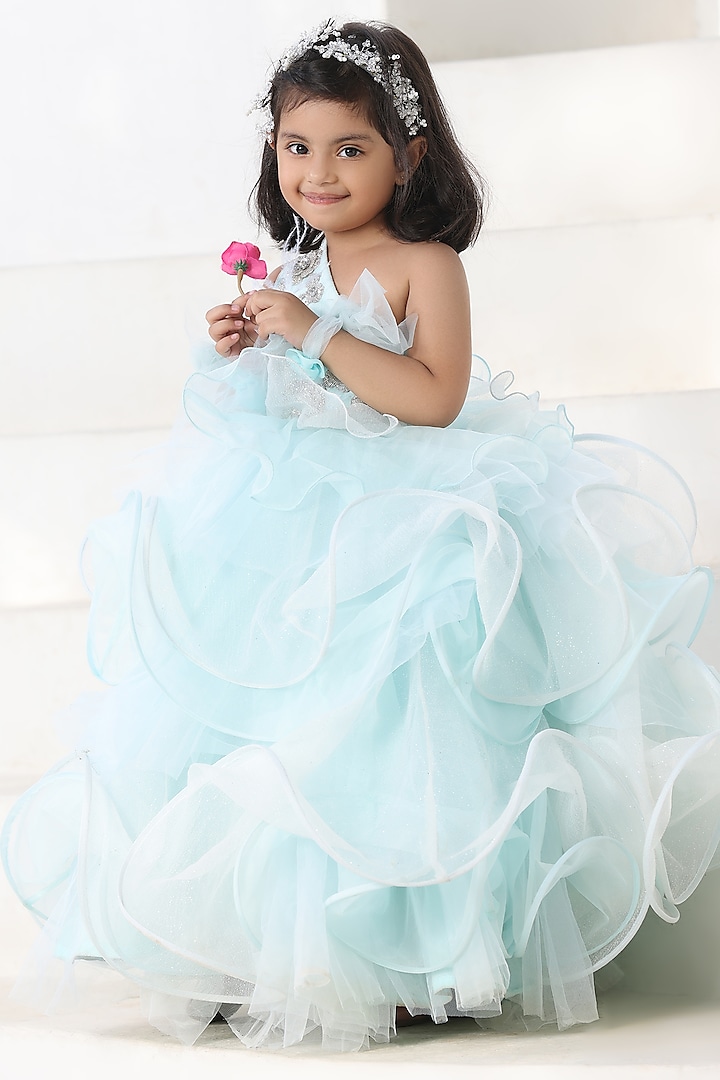 Powder Blue Net & Organza Embroidered One-Shoulder Layered Gown by Fayon Kids at Pernia's Pop Up Shop