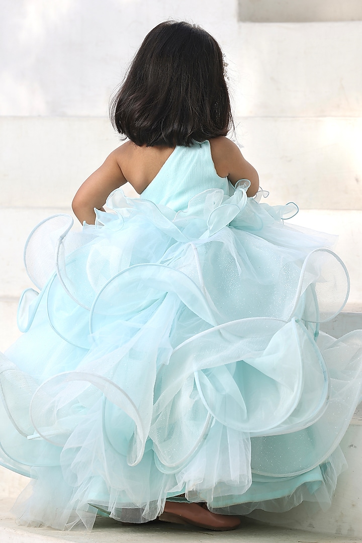 Powder Blue Net & Organza Embroidered One-Shoulder Layered Gown by Fayon Kids at Pernia's Pop Up Shop