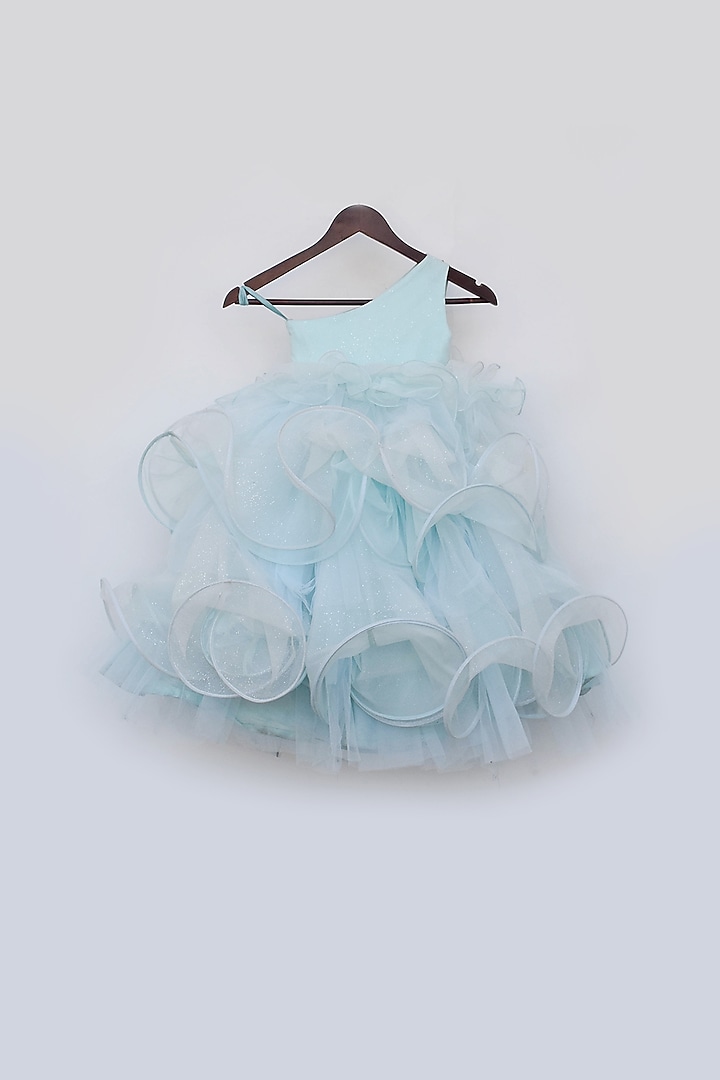 Powder Blue Net & Organza Embroidered One-Shoulder Layered Gown by Fayon Kids at Pernia's Pop Up Shop