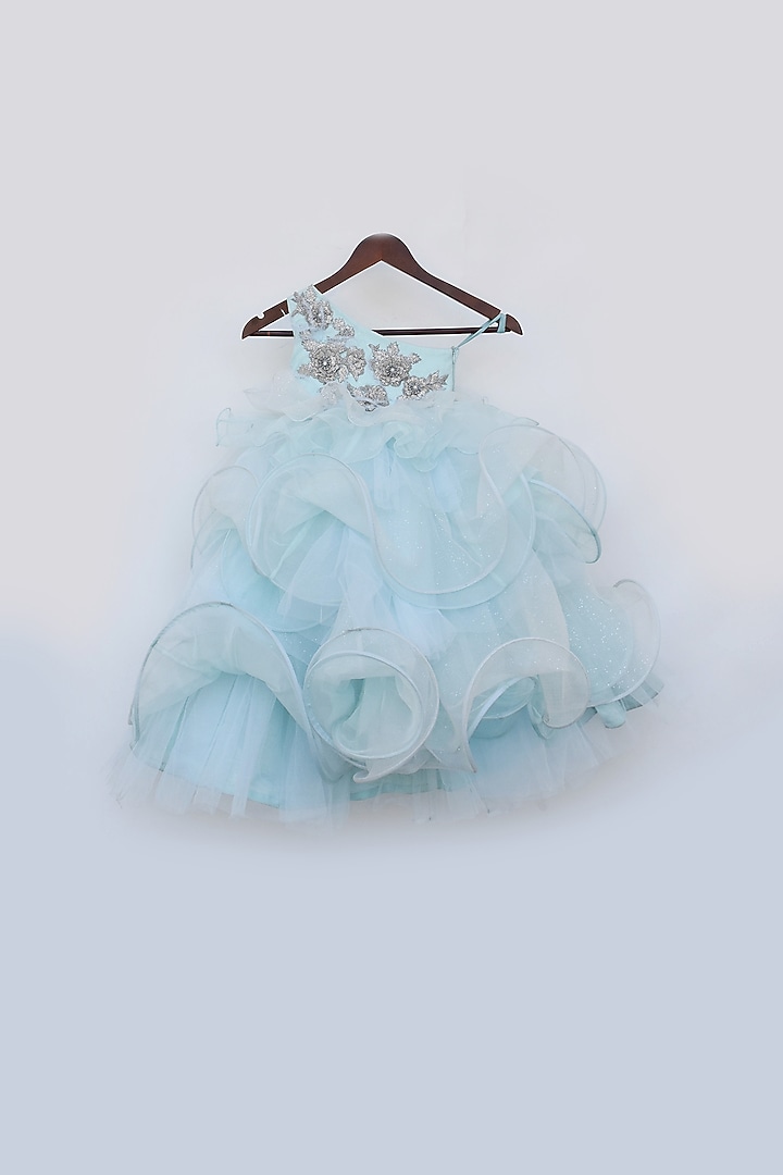 Powder Blue Net & Organza Embroidered One-Shoulder Layered Gown by Fayon Kids at Pernia's Pop Up Shop