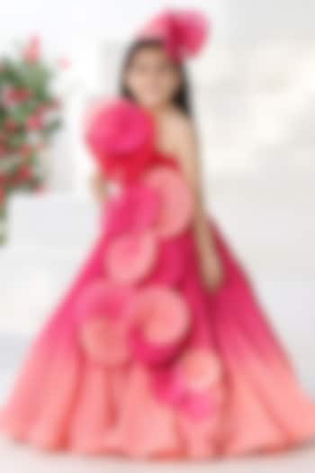 Coral Ombre Georgette One-Shoulder Pleated Gown For Girls by Fayon Kids