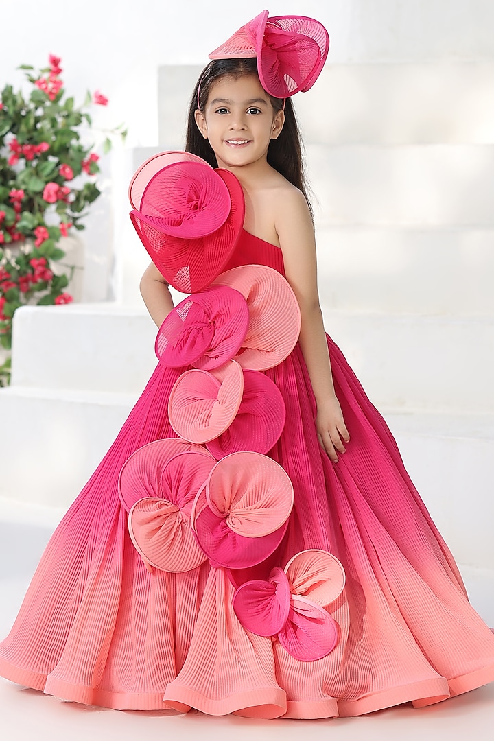 Coral Ombre Georgette One-Shoulder Pleated Gown For Girls by Fayon Kids
