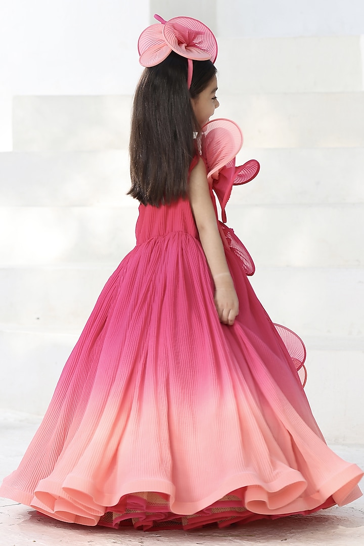 Coral Ombre Georgette One-Shoulder Pleated Gown For Girls by Fayon Kids at Pernia's Pop Up Shop