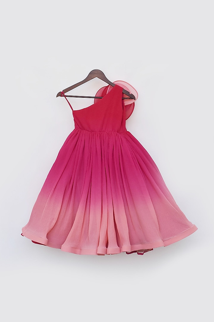 Coral Ombre Georgette One-Shoulder Pleated Gown For Girls by Fayon Kids at Pernia's Pop Up Shop