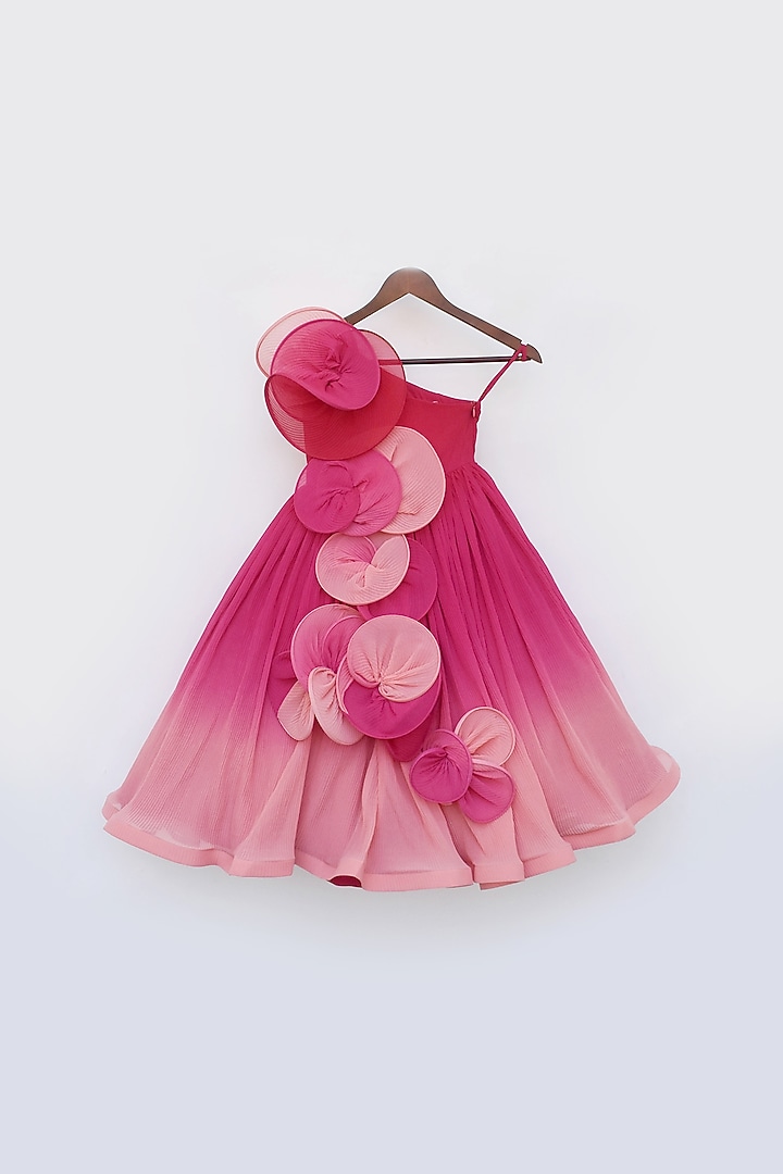 Coral Ombre Georgette One-Shoulder Pleated Gown For Girls by Fayon Kids at Pernia's Pop Up Shop