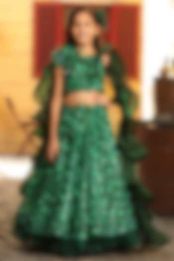 Green Net Embroidered Lehenga Set For Girls by Fayon Kids at Pernia's Pop Up Shop