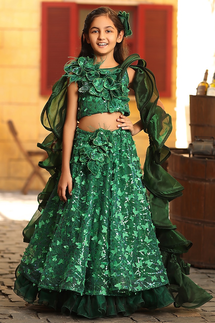 Green Net Embroidered Lehenga Set For Girls by Fayon Kids at Pernia's Pop Up Shop