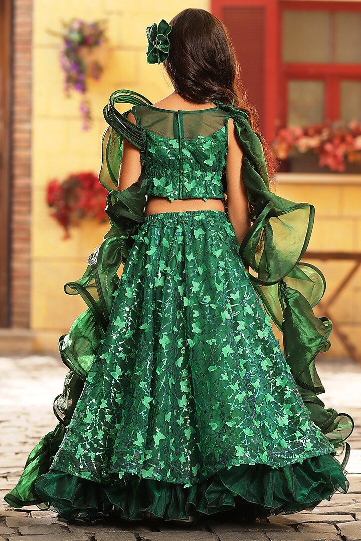 Green Net Embroidered Lehenga Set For Girls by Fayon Kids at Pernia's Pop Up Shop