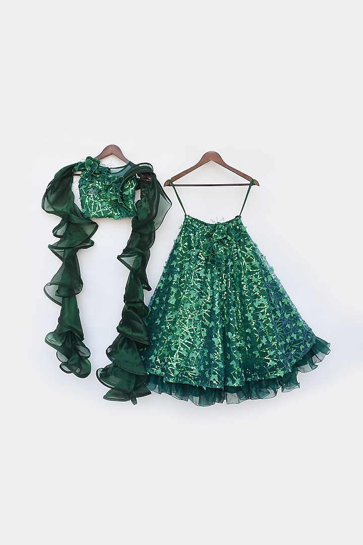 Green Net Embroidered Lehenga Set For Girls by Fayon Kids at Pernia's Pop Up Shop
