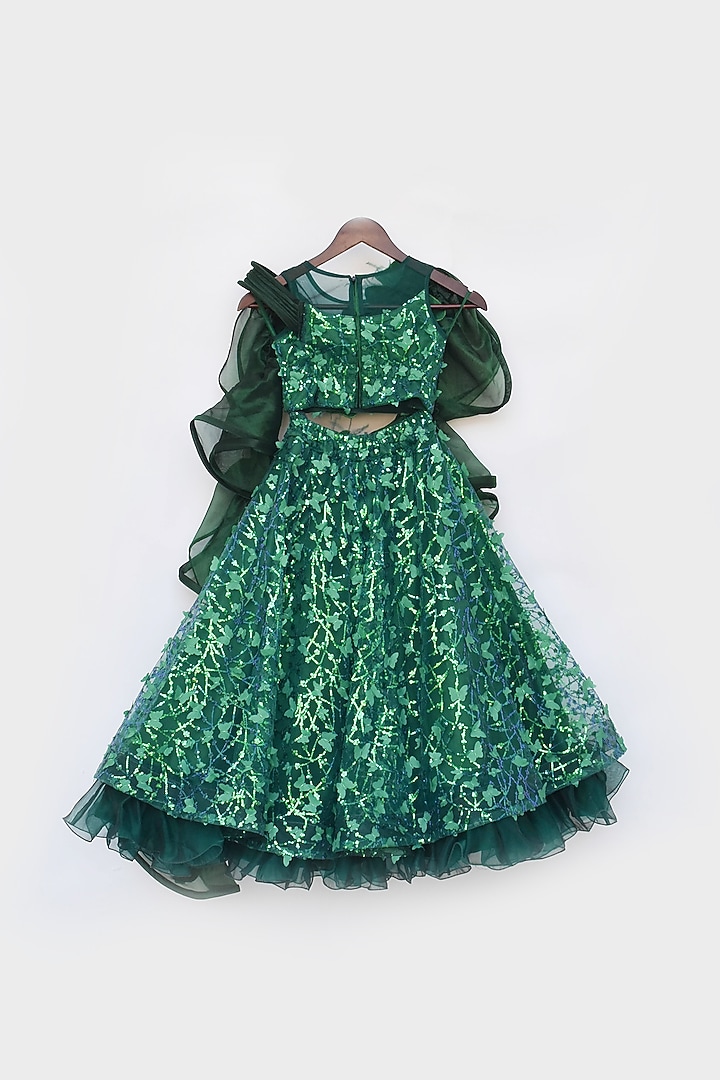 Green Net Embroidered Lehenga Set For Girls by Fayon Kids at Pernia's Pop Up Shop
