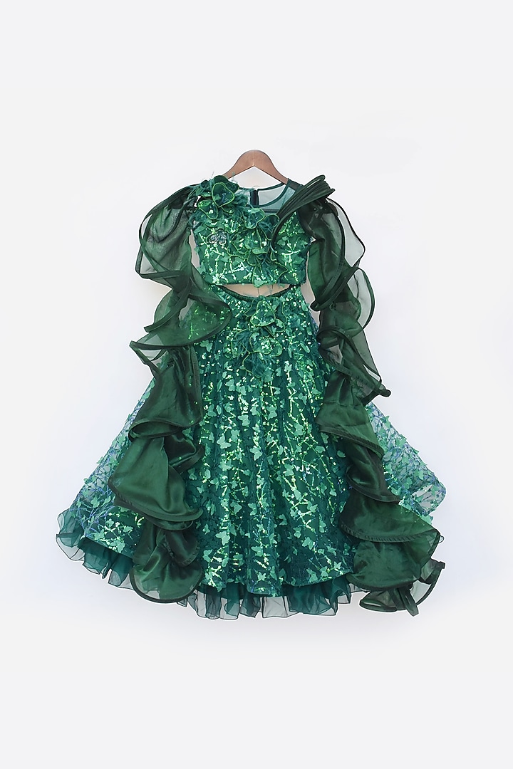 Green Net Embroidered Lehenga Set For Girls by Fayon Kids at Pernia's Pop Up Shop