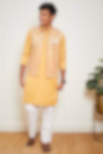 Mustard Yellow Net & Glace Cotton Embroidered Nehru Jacket With Kurta Set For Boys by Fayon Kids