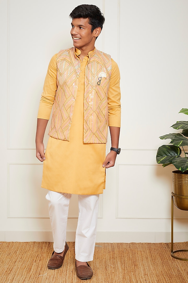 Mustard Yellow Net & Glace Cotton Embroidered Nehru Jacket With Kurta Set For Boys by Fayon Kids