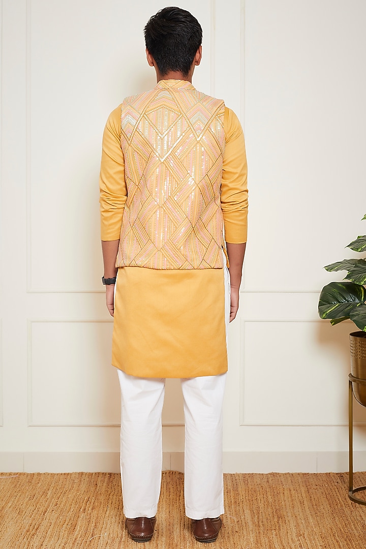Mustard Yellow Net & Glace Cotton Embroidered Nehru Jacket With Kurta Set For Boys by Fayon Kids at Pernia's Pop Up Shop