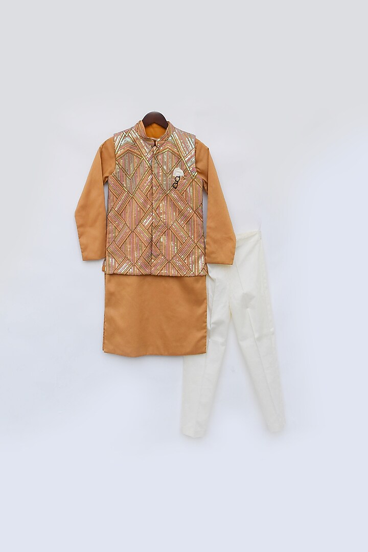 Mustard Yellow Net & Glace Cotton Embroidered Nehru Jacket With Kurta Set For Boys by Fayon Kids at Pernia's Pop Up Shop