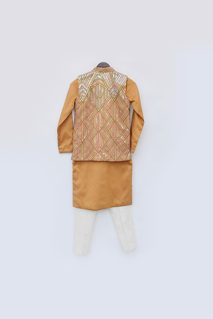 Mustard Yellow Net & Glace Cotton Embroidered Nehru Jacket With Kurta Set For Boys by Fayon Kids at Pernia's Pop Up Shop