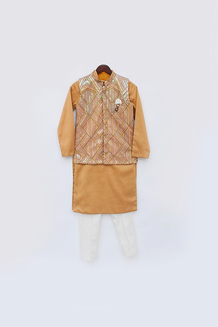 Mustard Yellow Net & Glace Cotton Embroidered Nehru Jacket With Kurta Set For Boys by Fayon Kids at Pernia's Pop Up Shop