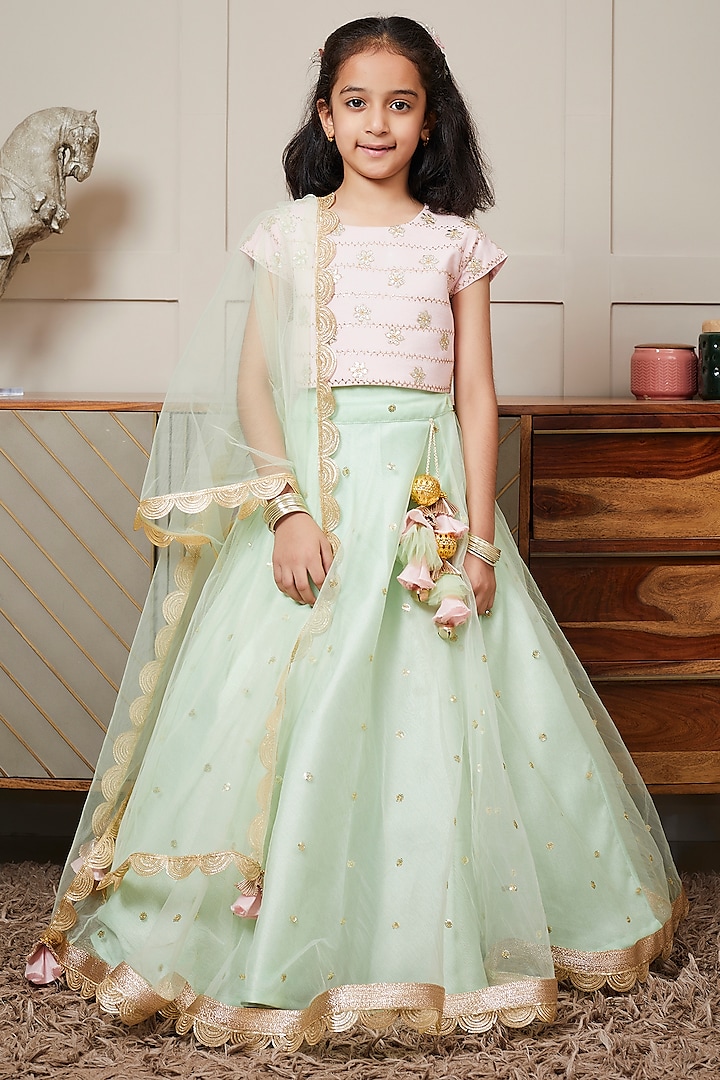 Green Net Embroidered Lehenga Set For Girls by Fayon Kids