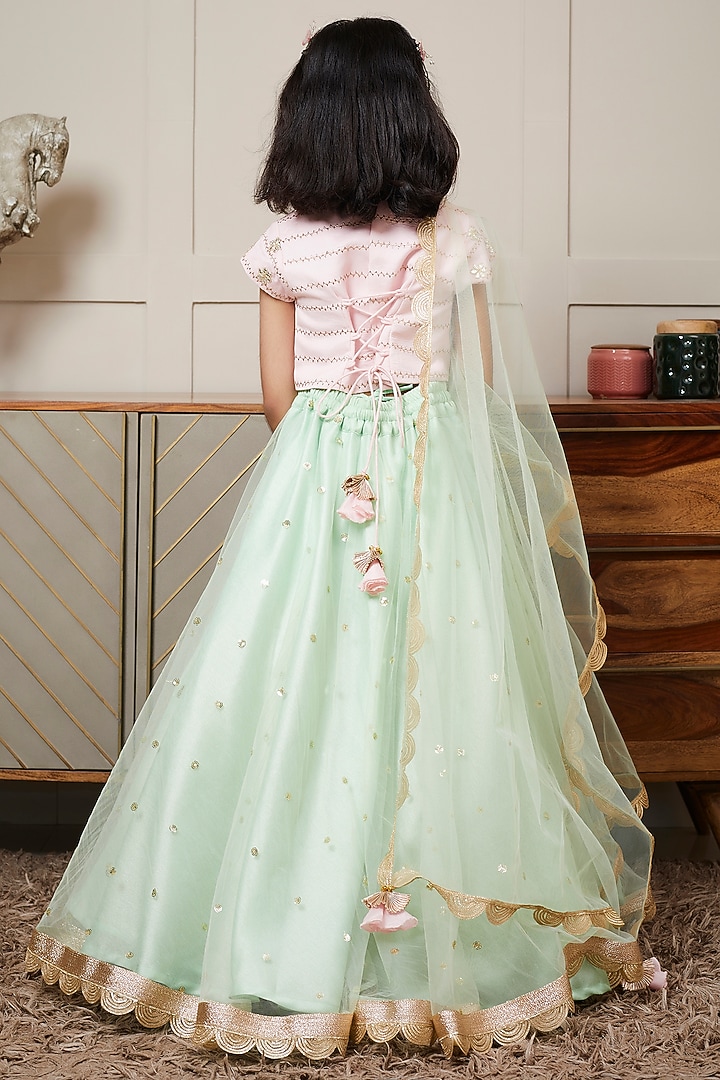 Green Net Embroidered Lehenga Set For Girls by Fayon Kids at Pernia's Pop Up Shop