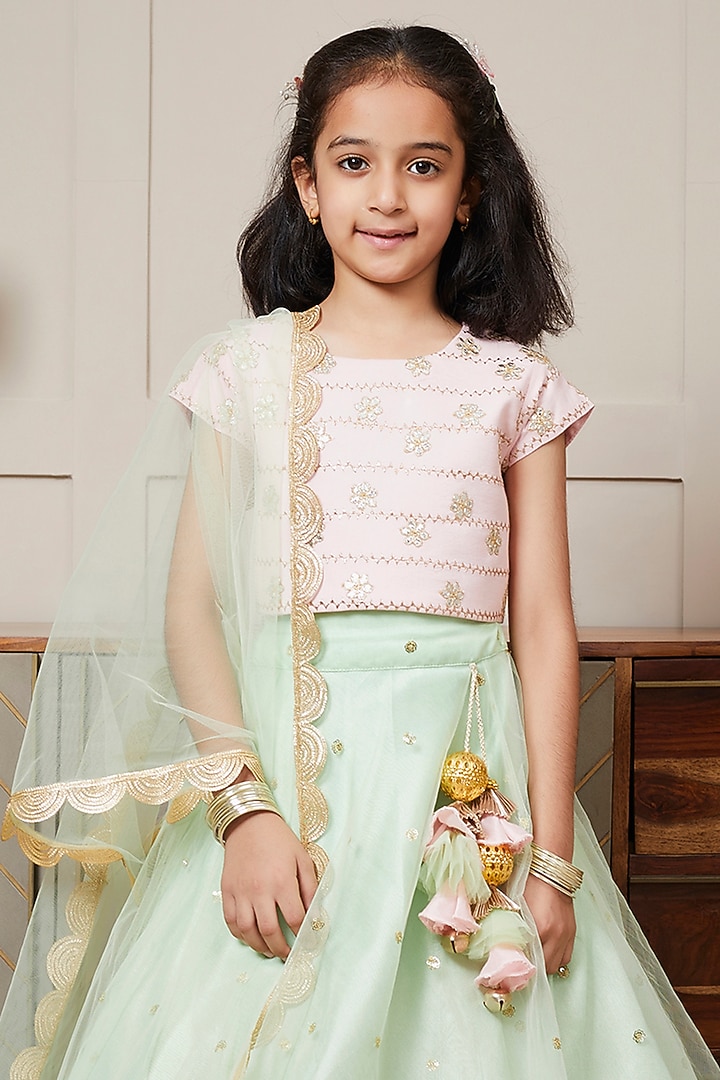 Green Net Embroidered Lehenga Set For Girls by Fayon Kids at Pernia's Pop Up Shop