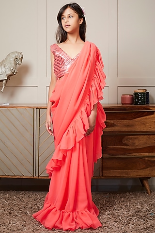 Coral Georgette Draped Saree Set For Girls by Fayon Kids