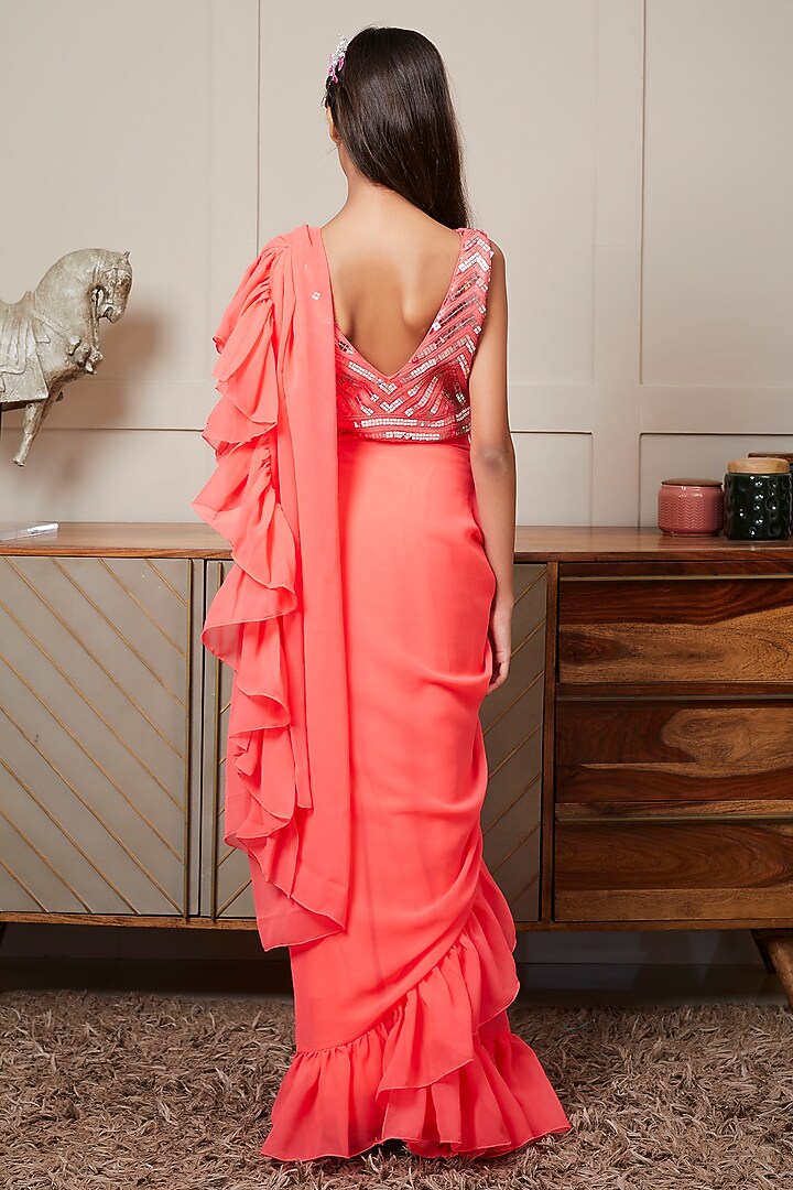 Coral Georgette Draped Saree Set For Girls by Fayon Kids at Pernia's Pop Up Shop