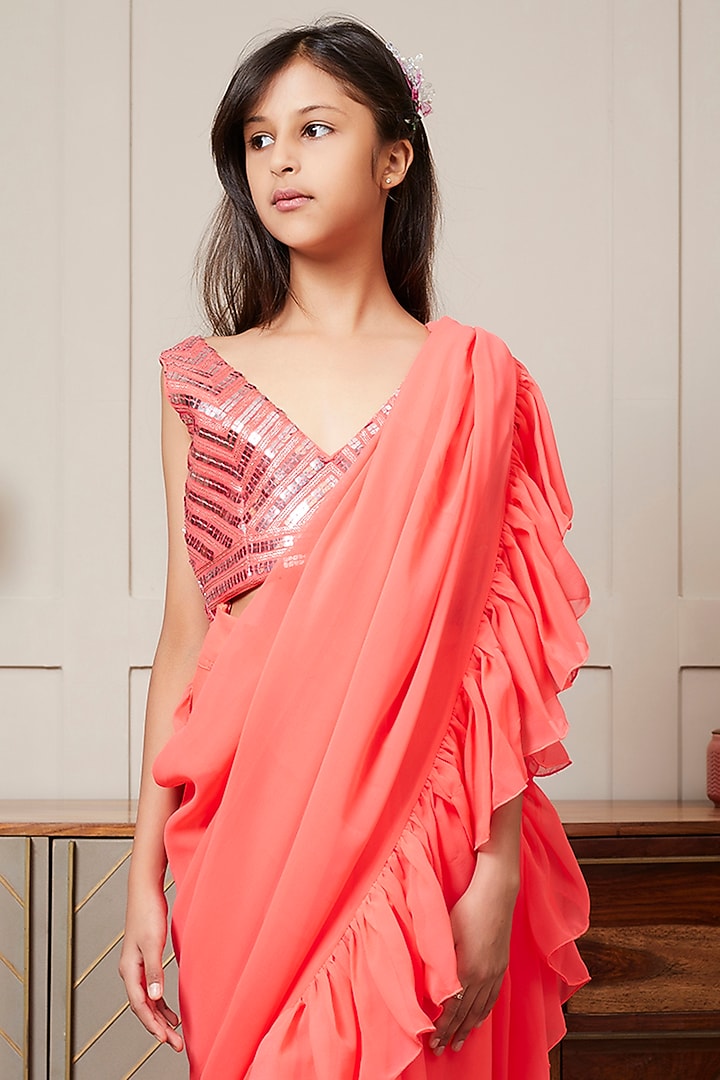Coral Georgette Draped Saree Set For Girls by Fayon Kids at Pernia's Pop Up Shop