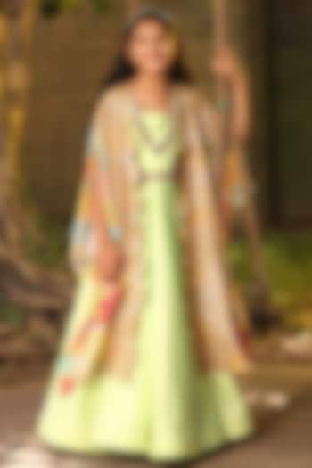 Green Cotton Silk Embroidered Anarkali With Cape For Girls by Fayon Kids at Pernia's Pop Up Shop
