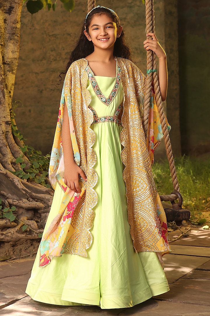Green Cotton Silk Embroidered Anarkali With Cape For Girls by Fayon Kids at Pernia's Pop Up Shop