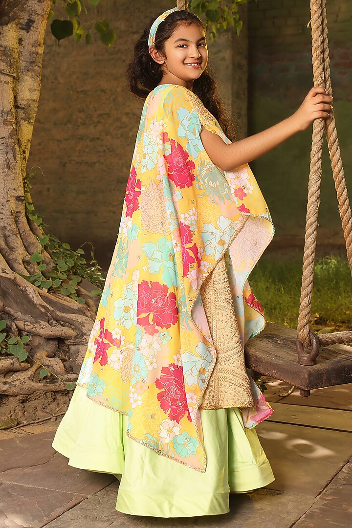 Green Cotton Silk Embroidered Anarkali With Cape For Girls by Fayon Kids at Pernia's Pop Up Shop