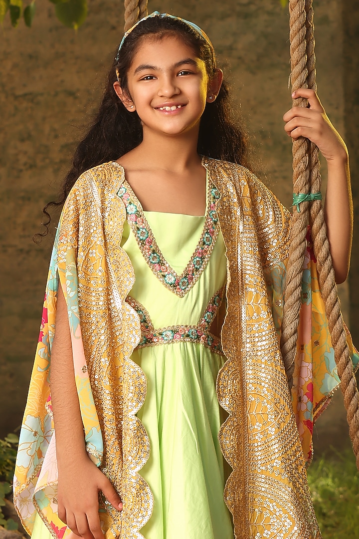 Green Cotton Silk Embroidered Anarkali With Cape For Girls by Fayon Kids at Pernia's Pop Up Shop