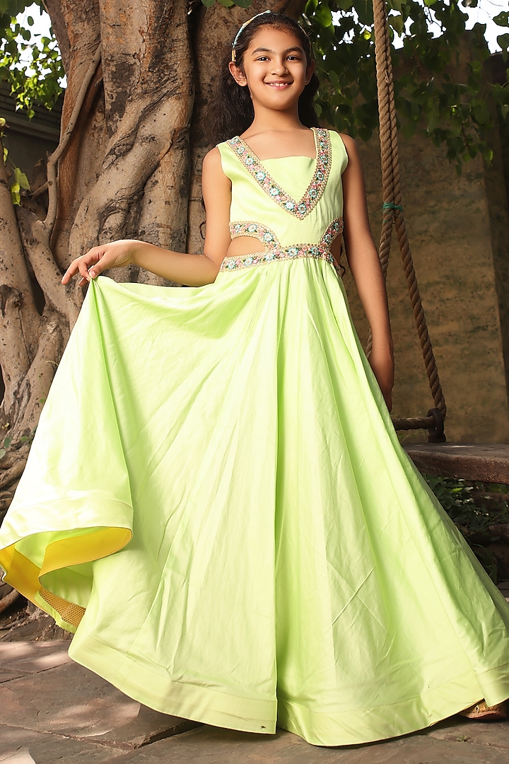 Green Cotton Silk Embroidered Anarkali With Cape For Girls by Fayon Kids at Pernia's Pop Up Shop