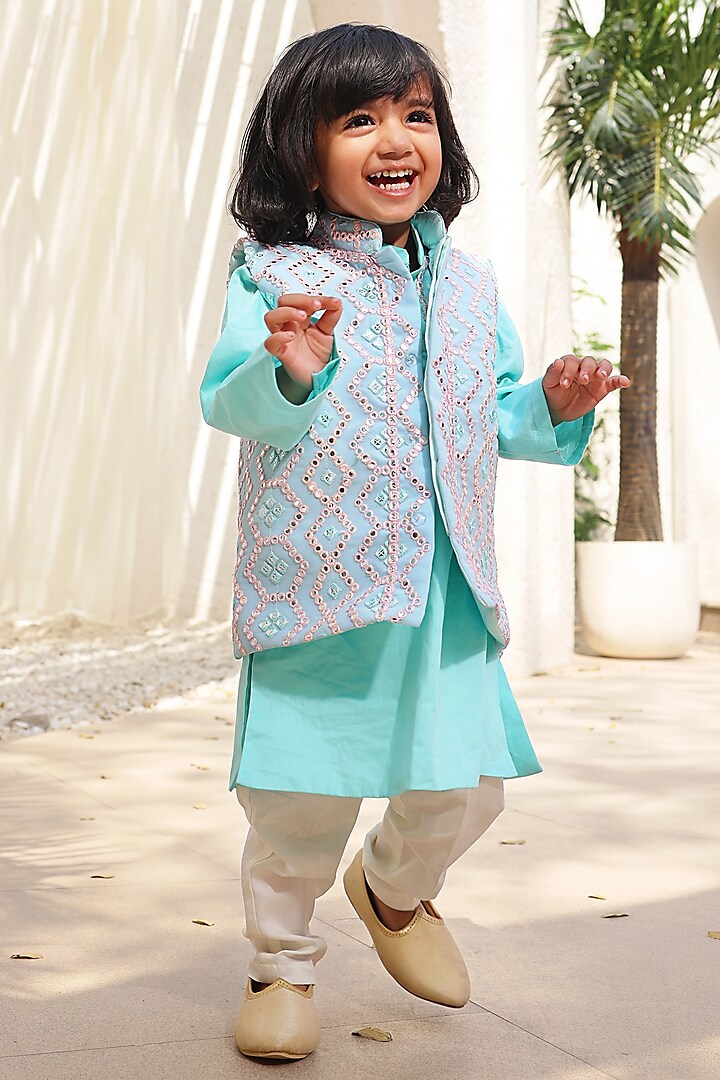 Ice Blue Georgette Embroidered Nehru Jacket Set For Boys by Fayon Kids