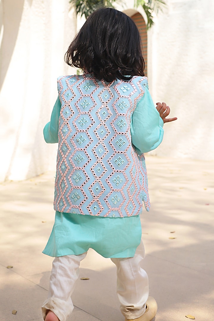 Ice Blue Georgette Embroidered Nehru Jacket Set For Boys by Fayon Kids at Pernia's Pop Up Shop