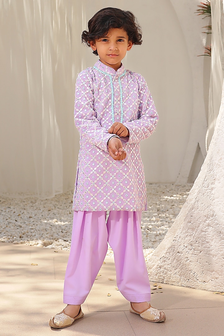 Lilac Georgette Embroidered Kurta Set For Boys by Fayon Kids