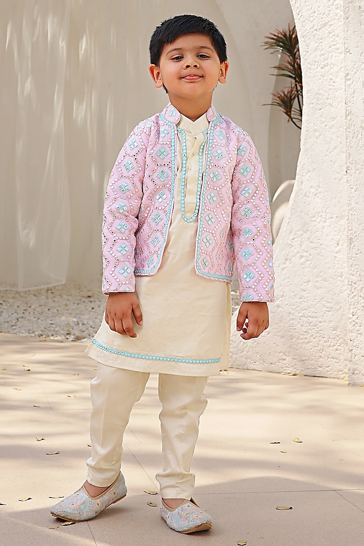 Baby Pink Georgette Embroidered Nehru Jacket Set For Boys by Fayon Kids