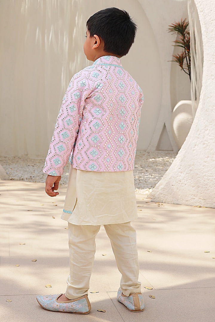 Baby Pink Georgette Embroidered Nehru Jacket Set For Boys by Fayon Kids at Pernia's Pop Up Shop