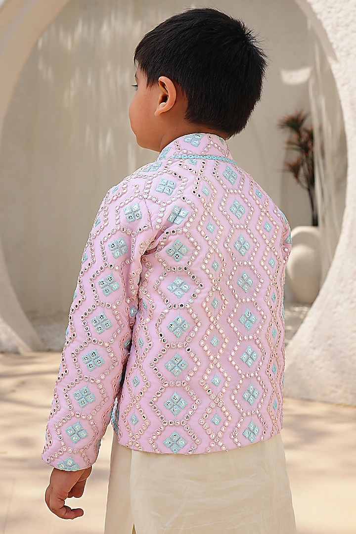 Baby Pink Georgette Embroidered Nehru Jacket Set For Boys by Fayon Kids at Pernia's Pop Up Shop