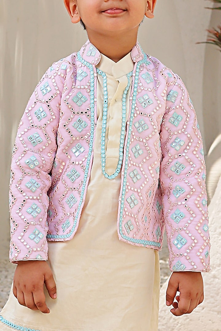Baby Pink Georgette Embroidered Nehru Jacket Set For Boys by Fayon Kids at Pernia's Pop Up Shop