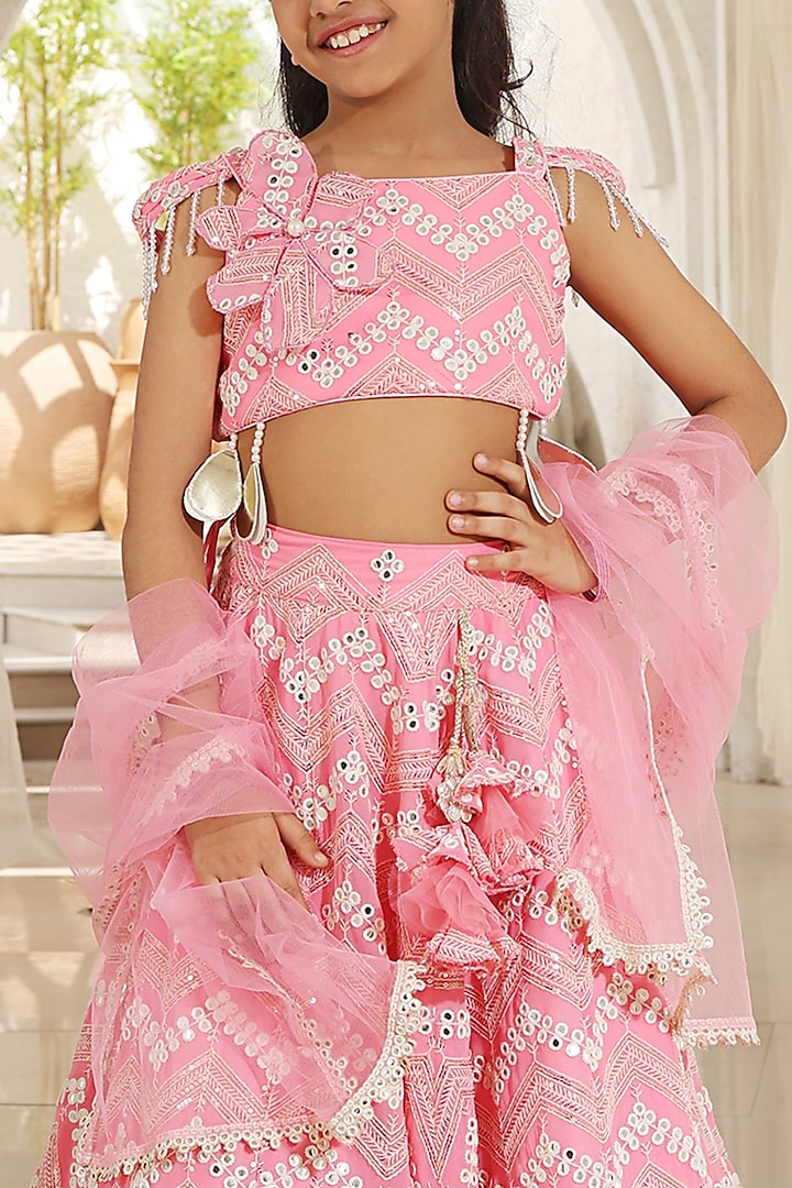 Pink Georgette Embroidered Lehenga Set For Girls by Fayon Kids at Pernia's Pop Up Shop