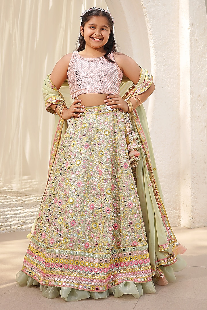 Green Georgette Embroidered Lehenga Set For Girls by Fayon Kids at Pernia's Pop Up Shop