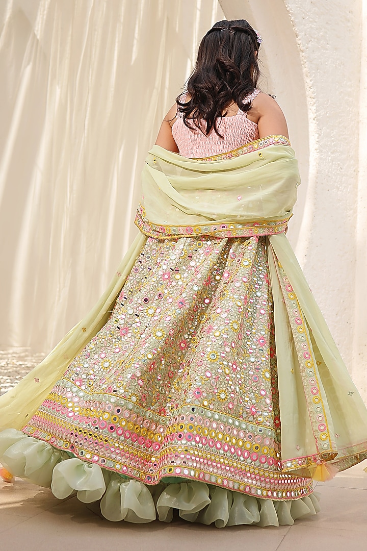 Green Georgette Embroidered Lehenga Set For Girls by Fayon Kids at Pernia's Pop Up Shop