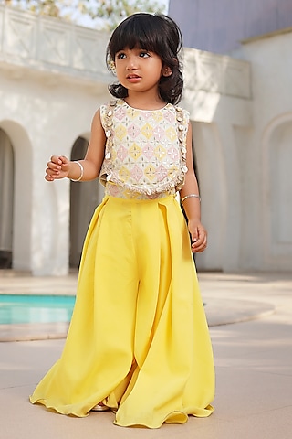 Yellow Crepe Palazzo Pant Set For Girls by Fayon Kids