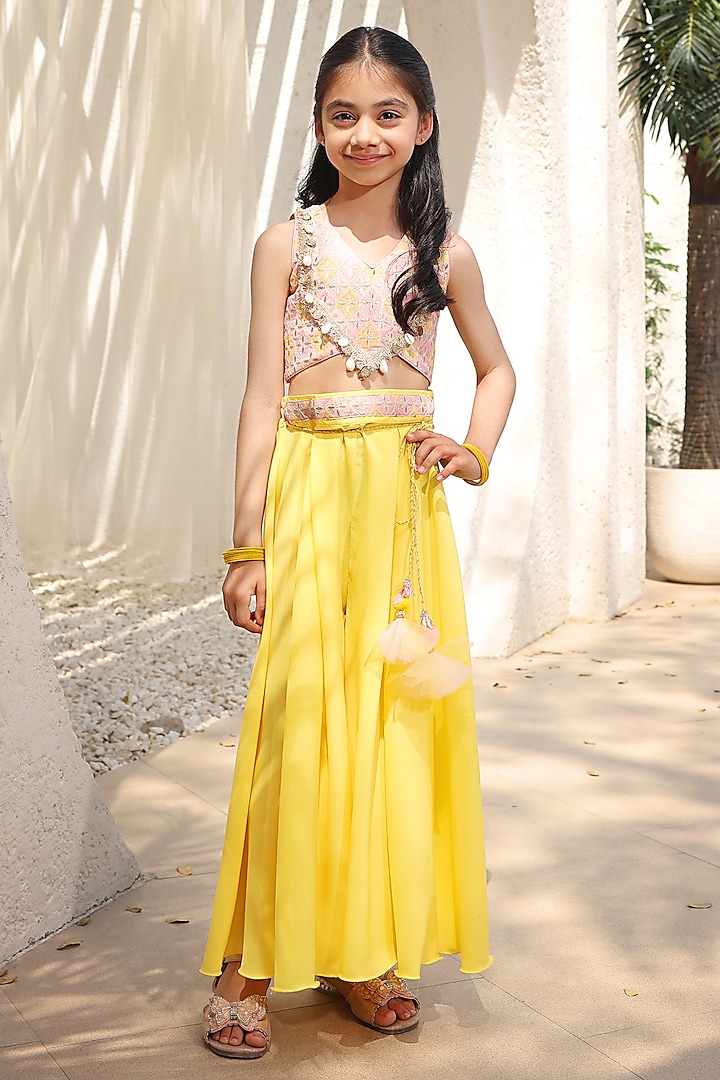 Yellow Crepe Palazzo Pant Set For Girls by Fayon Kids at Pernia's Pop Up Shop