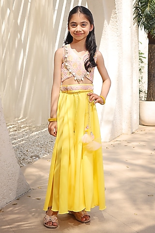 Yellow Crepe Palazzo Pant Set For Girls by Fayon Kids